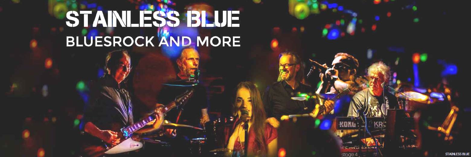 Headergrafik mit den sechs Bandmitgliedern von STAINLESS BLUE und dem Schriftzug: STAINLESS BLUE  Bluesrock and more